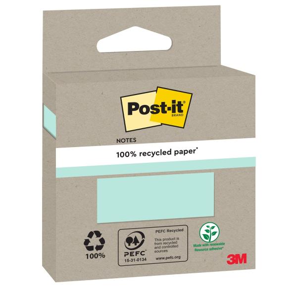 Post-it® Recycling Notes, Verschiedene Farben, 76 mm x 76 mm, 100 Blatt/Block, 1 Block/Packung, 100% PEFC, SGSCH-PEFC-COC-110078