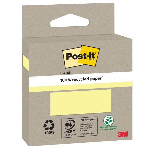 Post-it® Recycling Notes, Verschiedene Farben, 76 mm x 76 mm, 100 Blatt/Block, 1 Block/Packung, 100% PEFC, SGSCH-PEFC-COC-110078