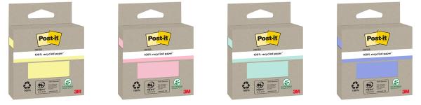 Post-it® Recycling Notes, Verschiedene Farben, 76 mm x 76 mm, 100 Blatt/Block, 1 Block/Packung, 100% PEFC, SGSCH-PEFC-COC-110078