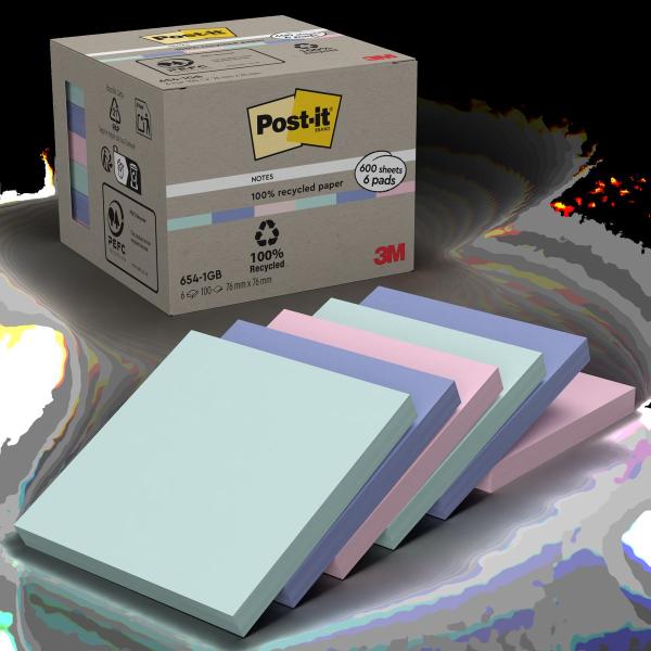 Post-it® Recycling Notes, Verschiedene Farben, 76 mm x 76 mm, 100 Blatt/Block, 6 Blöcke/Packung, 100% PEFC, SGSCH-PEFC-COC-110078
