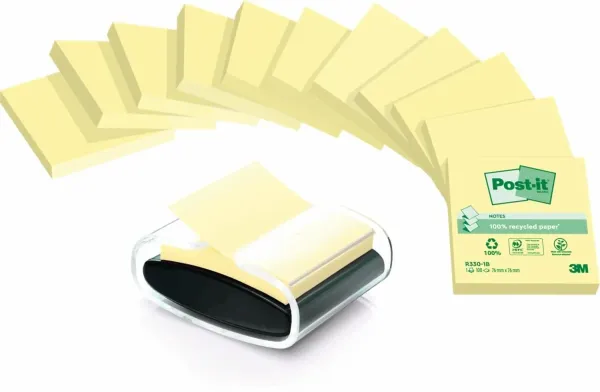 Post-it® Recycling Z-Notes, Gelb, 76 mm x 76 mm, Promotion, 100 Blatt/Block, 12 Blöcke/Packung + Gratis Dispenser, 100% PEFC, SGSCH-PEFC-COC-110078