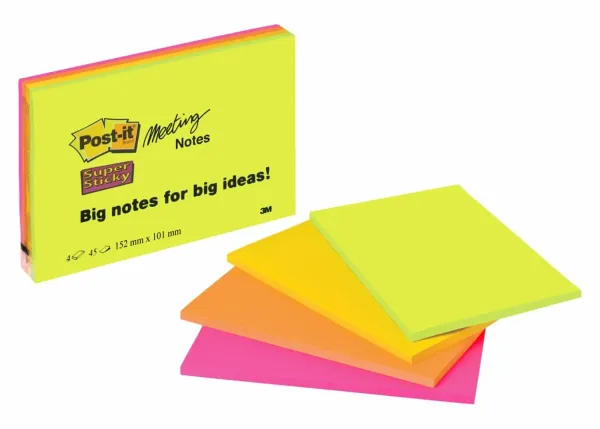 Post-it® Super Sticky Meeting Notes 6445-4SS, 152 x 101 mm, neongrün, neonorange, ultragelb, ultrapink, 4 Blöcke à 45 Blatt, 100% PEFC SGSCH-PEFC-COC-110078
