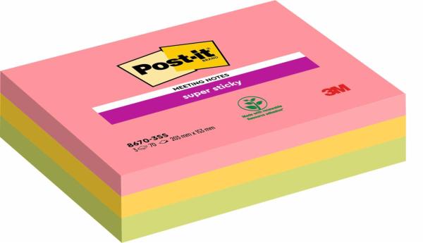 Post-it® Super Sticky Meeting Notes, Verschiedene Farben, 203 mm x 152 mm, 70 Blatt/Block, 3 Blöcke/Packung, 100% PEFC, SGSCH-PEFC-COC-110078