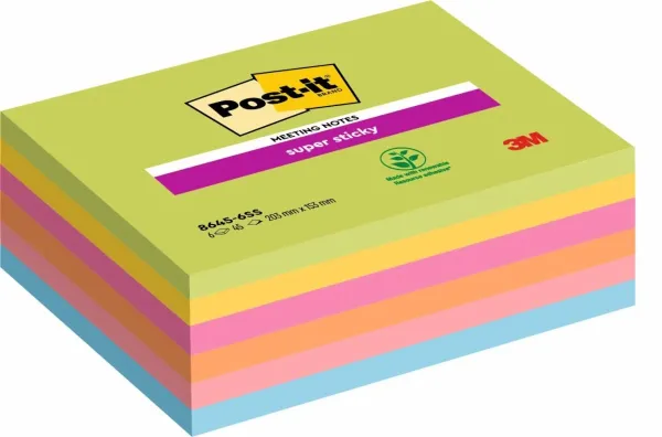 Post-it® Super Sticky Meeting Notes, Verschiedene Farben, 203 mm x 152 mm, 45 Blatt/Block, 6 Blöcke/Packung, 100% PEFC, SGSCH-PEFC-COC-110078