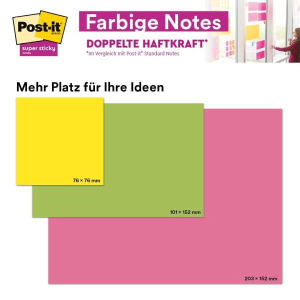 Post-it® Super Sticky Meeting Notes, Verschiedene Neonfarben, 203 mm x 152 mm, 45 Blatt/Block, 4 Blöcke/Packung, 100% PEFC, SGSCH-PEFC-COC-110078