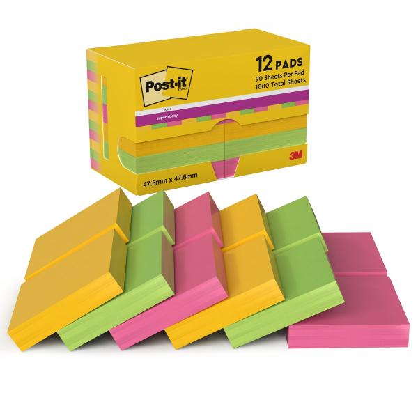 Post-it® Super Sticky Notes, Carnival Collection, 47.6 mm x 47.6 mm, 90 Blatt/Block, 12 Blöcke/Packung, Kartonverpackung, 100% PEFC, SGSCH-PEFC-COC-110078