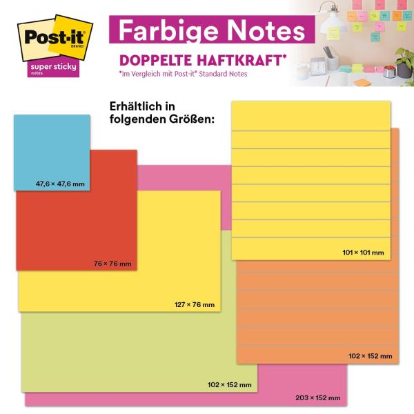Post-it® Super Sticky Notes im Großformat, Boost Collection, Liniert, 101 mm x 152 mm, 90 Blatt/Block, 3 Blöcke/Packung, 100% PEFC, SGSCH-PEFC-COC-110078