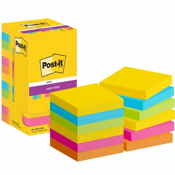 Post-it® Super Sticky Notes, Carnival Collection, 76 mm x 76 mm, 90 Blatt/Block, 12 Blöcke/Packung, Kartonverpackung, 100% PEFC, SGSCH-PEFC-COC-110078