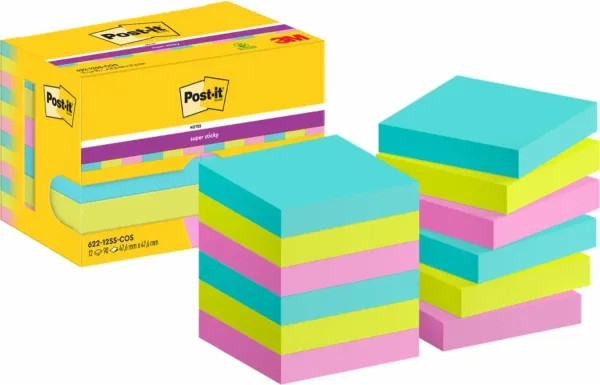 Post-it® Super Sticky Notes, Cosmic Collection, 47.6 mm x 47.6 mm, 90 Blatt/Block, 12 Blöcke/Packung, Kartonverpackung, 100% PEFC, SGSCH-PEFC-COC-110078
