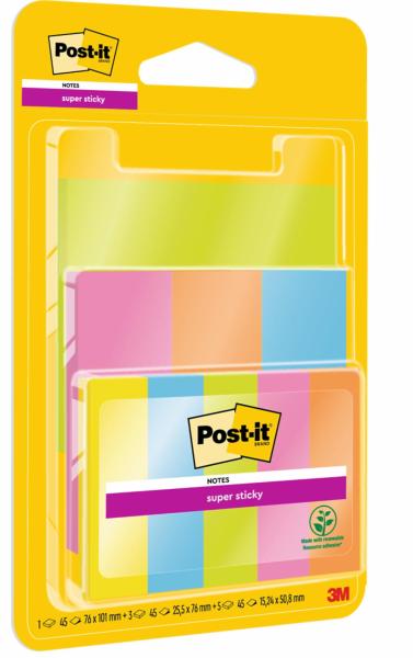 Post-it® Super Sticky Notes, farbig, Kombipackung mit Page Markern, 45 Blatt/Block, 9 Blöcke/Packung, 100% PEFC, SGSCH-PEFC-COC-110078