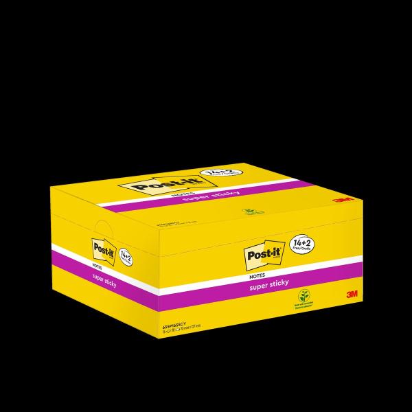 Post-it® Super Sticky Notes, Gelb, 127 mm x 76 mm, Promotion, 90 Blatt/Block, 14 Blöcke + 2 Gratis/Packung, 100% PEFC, SGSCH-PEFC-COC-110078