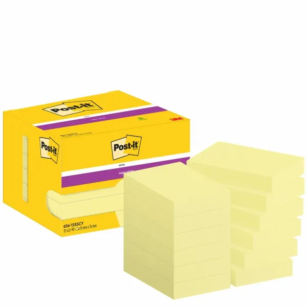 Post-it® Super Sticky Notes, Gelb, 51 mm x 76 mm, 90 Blatt/Block, 12 Blöcke/Packung, Kartonverpackung, 100% PEFC, SGSCH-PEFC-COC-110078
