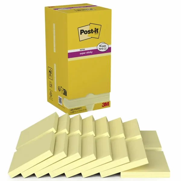 Post-it® Super Sticky Notes, Gelb, 76 mm x 76 mm, Promotion, 90 Blatt/Block, 14 Blöcke + 2 Gratis/Packung, 100% PEFC, SGSCH-PEFC-COC-110078