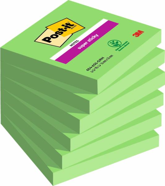 Post-it® Super Sticky Notes, Grün, 76 mm x 76 mm, 90 Blatt/Block, 6 Blöcke/Packung, 100% PEFC, SGSCH-PEFC-COC-110078