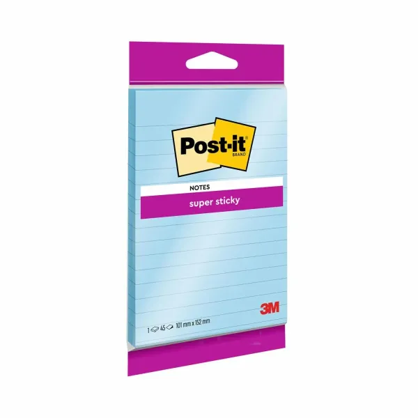 Post-it® Super Sticky Notes im Großformat, Blau, Liniert, 102 mm x 152 mm, 45 Blatt/Block, 1 Block/Packung, 100% PEFC, SGSCH-PEFC-COC-110078