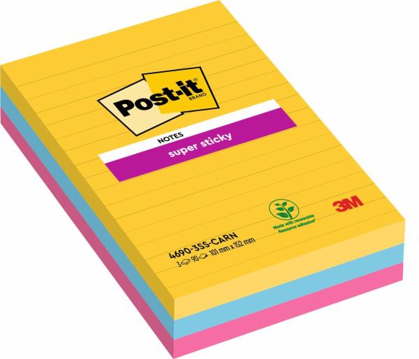 Post-it® Super Sticky Notes im Großformat, Carnival Collection, Liniert, 101 mm x 152 mm, 90 Blatt/Block, 3 Blöcke/Packung, 100% PEFC, SGSCH-PEFC-COC-110078
