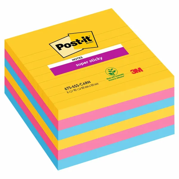Post-it® Super Sticky Notes im Großformat, Carnival Collection, Liniert, 101 mm x 101 mm, 90 Blatt/Block, 6 Blöcke/Packung, 100% PEFC, SGSCH-PEFC-COC-110078