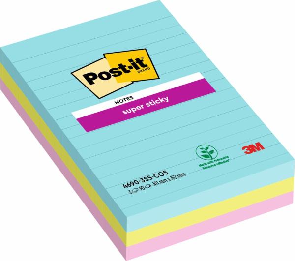Post-it® Super Sticky Notes im Großformat, Cosmic Collection, Liniert, 101 mm x 152 mm, 90 Blatt/Block, 3 Blöcke/Packung, 100% PEFC, SGSCH-PEFC-COC-110078