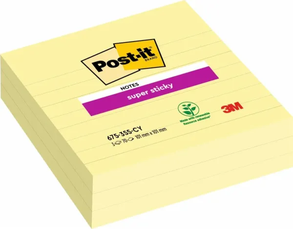 Post-it® Super Sticky Notes im Großformat, Gelb, 101 mm x 101 mm, 70 Blatt/Block, 3 Blöcke/Packung, 100% PEFC, SGSCH-PEFC-COC-110078