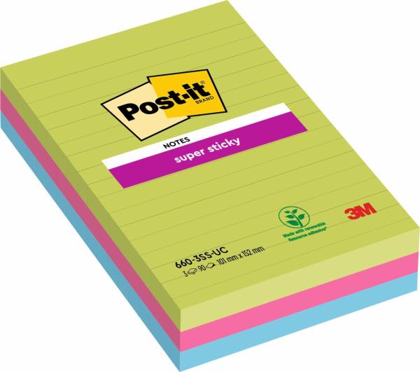 Post-it® Super Sticky Notes im Großformat, Verschiedene Farben, Liniert, 101 mm x 152 mm, 90 Blatt/Block, 3 Blöcke/Packung, 100% PEFC, SGSCH-PEFC-COC-110078