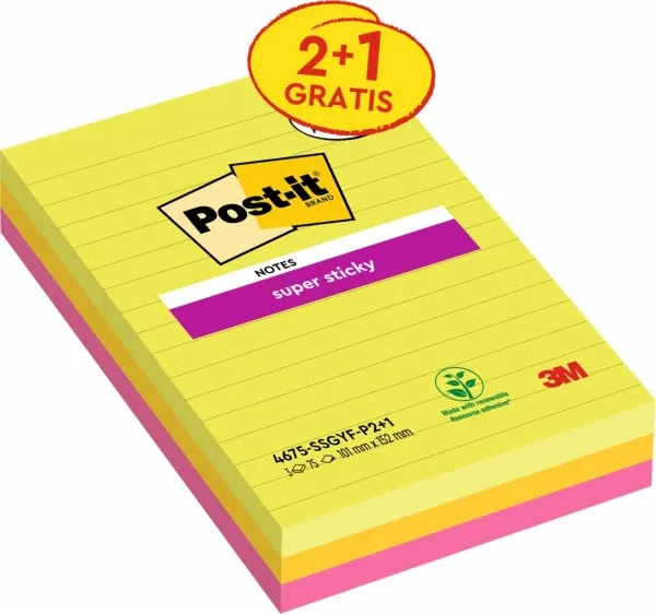 Post-it® Super Sticky Notes im Großformat, Verschiedene Farben, Liniert, 101 mm x 152 mm, 75 Blatt/Block, 3 Blöcke/Packung, 100% PEFC, SGSCH-PEFC-COC-110078