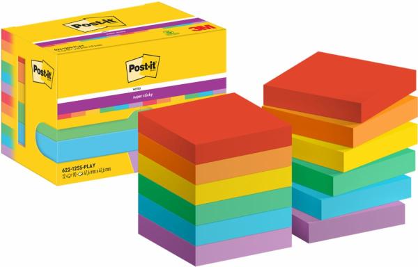 Post-it® Super Sticky Notes, Playful Collection, 47.6 mm x 47.6 mm, 90 Blatt/Block, 12 Blöcke/Packung, Kartonverpackung, 100% PEFC, SGSCH-PEFC-COC-110078