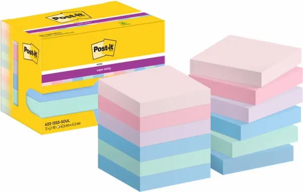 Post-it® Super Sticky Notes, Soulful Collection, 47.6 mm x 47.6 mm, 90 Blatt/Block, 12 Blöcke/Packung, Kartonverpackung, 100% PEFC, SGSCH-PEFC-COC-110078