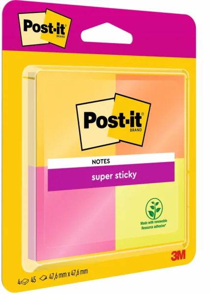Post-It® Super Sticky Notes, Verschiedene Farben, 47.6 mm x 47.6 mm, 45 Blatt/Block, 4 Blöcke/Packung, 100% PEFC SGSCH-PEFC-COC-110078