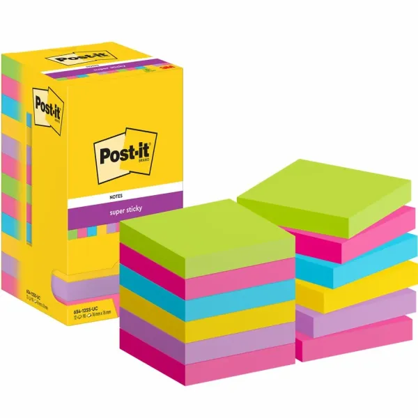 Post-it® Super Sticky Notes, Verschiedene Farben, 76 mm x 76 mm, 90 Blatt/Block, 12 Blöcke/Packung, Kartonverpackung, 100% PEFC, SGSCH-PEFC-COC-110078