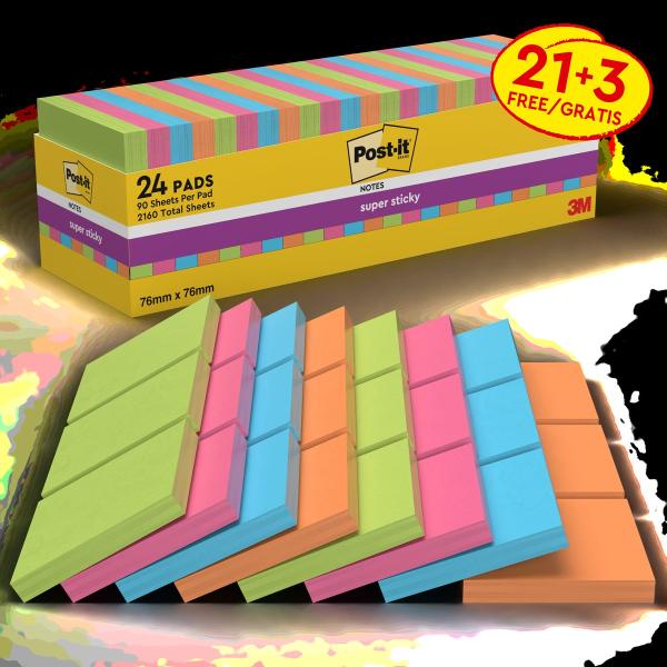 Post-it® Super Sticky Notes, Verschiedene Farben, 76 mm x 76 mm, Promotion, 90 Blatt/Block, 21 Blöcke + 3 Gratis/Packung, 100% PEFC, SGSCH-PEFC-COC-110078