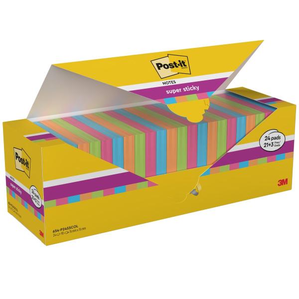 Post-it® Super Sticky Notes, Verschiedene Farben, 76 mm x 76 mm, Promotion, 90 Blatt/Block, 21 Blöcke + 3 Gratis/Packung, 100% PEFC, SGSCH-PEFC-COC-110078