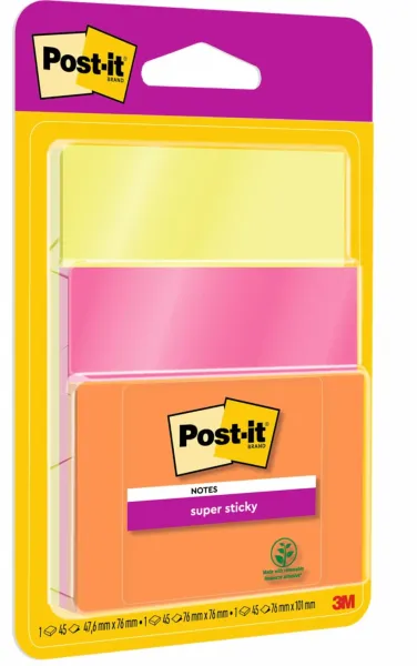 Post-it® Super Sticky Notes, Verschiedene Farben und Größen, 76 mm x 76 mm, 45 Blatt/Block, 3 Blöcke/Packung, 100% PEFC, SGSCH-PEFC-COC-110078