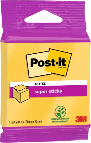 Post-it® Super Sticky Notes Würfel, Ultra Gelb, 76 mm x 76 mm, 270 Blatt/Block, 1 Block/Packung, 100% PEFC, SGSCH-PEFC-COC-110078