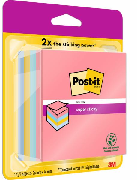 Post-it® Super Sticky Würfel, farbig, 440 Blatt, 76 x 76 mm, 100% PEFC SGSCH-PEFC-COC-110078
