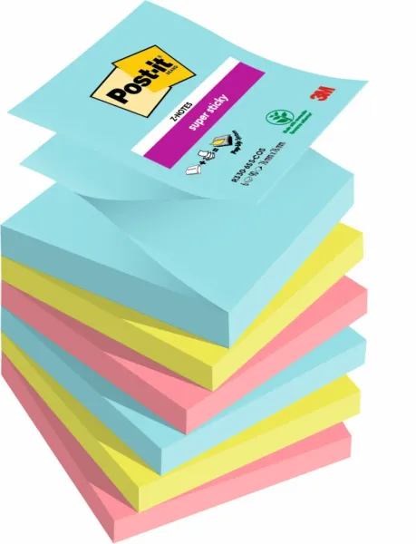 Post-it® Super Sticky Z-Notes, Cosmic Collection, 76 mm x 76 mm, 90 Blatt/Block, 6 Blöcke/Packung, 100% PEFC, SGSCH-PEFC-COC-110078