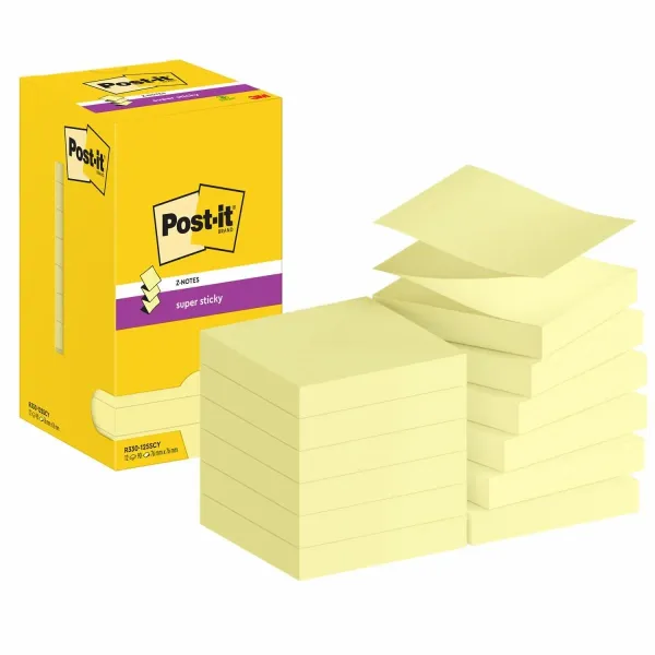 Post-it® Super Sticky Z-Notes, Gelb, 76 mm x 76 mm, 90 Blatt/Block, 12 Blöcke/Packung, Kartonverpackung, 100% PEFC, SGSCH-PEFC-COC-110078