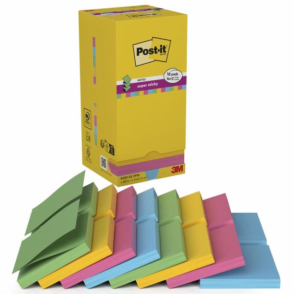 Post-it® Super Sticky Z-Notes, Verschiedene Farben, 76 mm x 76 mm, Promotion, 90 Blatt/Block, 14 Blöcke + 2 Gratis/Packung, 100% PEFC, SGSCH-PEFC-COC-110078
