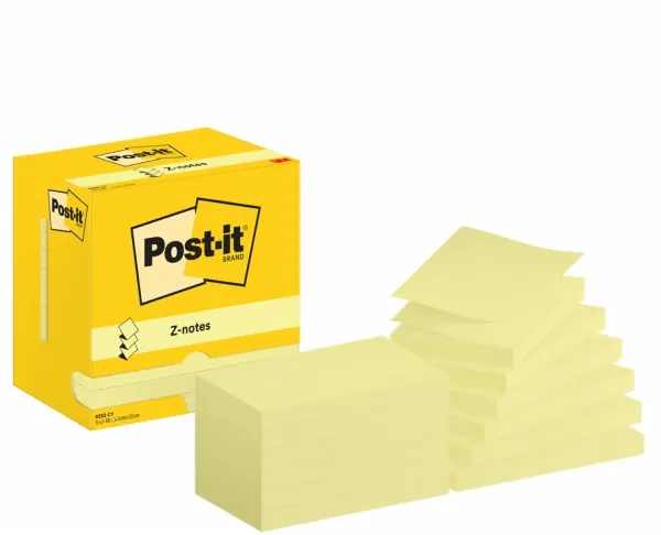 Post-it® Z-Notes, Gelb, 127 mm x 76 mm, 100 Blatt/Block, 12 Blöcke/Packung, Kartonverpackung, 100% PEFC, SGSCH-PEFC-COC-110078