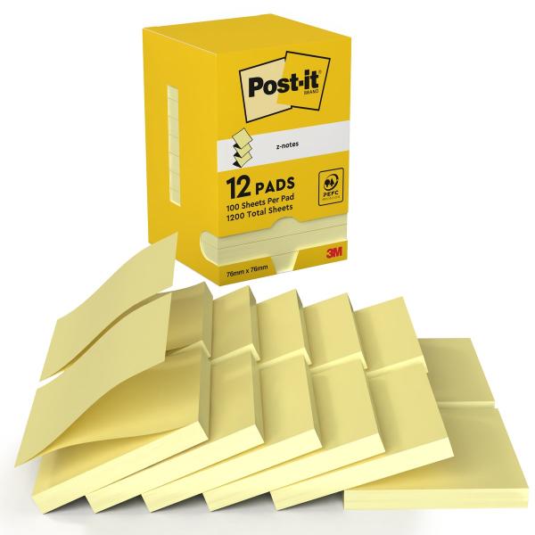 Post-it® Z-Notes, Gelb, 76 mm x 76 mm, 100 Blatt/Block, 12 Blöcke/Packung, Kartonverpackung, 100% PEFC, SGSCH-PEFC-COC-110078