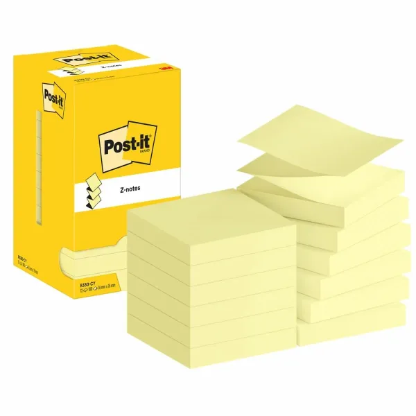 Post-it® Z-Notes, Gelb, 76 mm x 76 mm, 100 Blatt/Block, 12 Blöcke/Packung, Kartonverpackung, 100% PEFC, SGSCH-PEFC-COC-110078