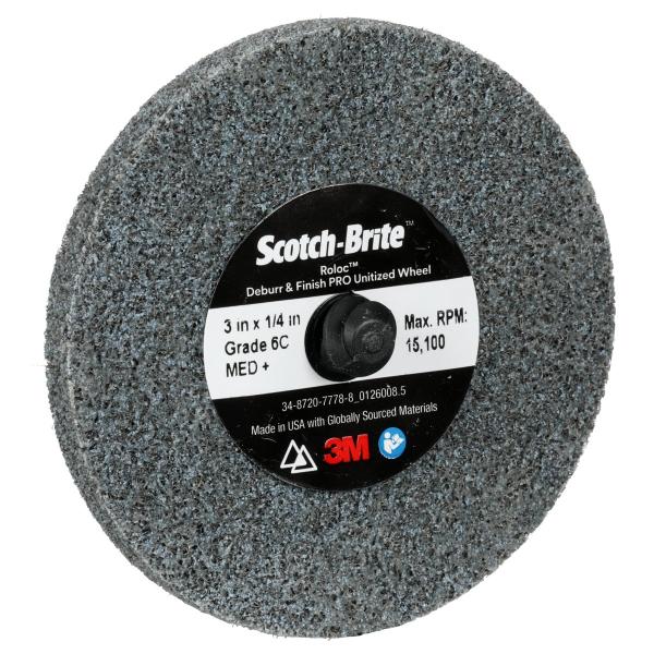 Scotch-Brite™ Roloc™ Deburr and Finish PRO verpresste Kompaktscheibe, 76 mm x 6 mm, ungelocht, 6C MED+