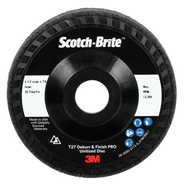 Scotch-Brite™ Verpresste Kompaktscheibe Deburr and Finish PRO für den Winkelschleifer, DP-UD, 2S Fine, T27, 114.3 mm x 22.23 mm, Nylon