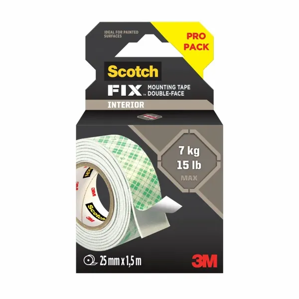 Scotch-FIX™ Doppelseitiges Innenmontageband  114S-INT-EU, White, 25 mm x 1,5 m, 1 Rolle/Packung