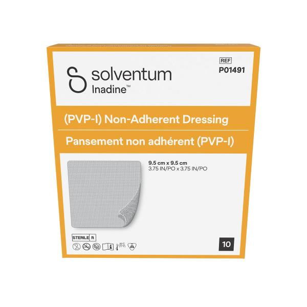 Solventum™ Inadine™ (PVP-I) Nichthaftende Wundauflage, P01491, 9.5 cm x9.5 cm (3.75 IN/PO x 3.75 IN/PO), Sterile, 10/CAR
